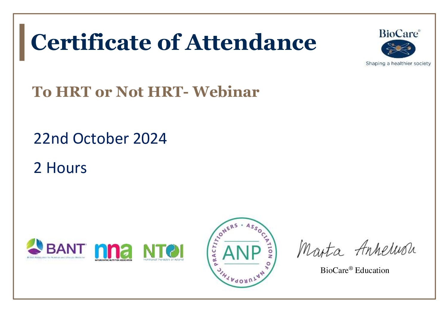 CPD Certificate- To HRT or Not HRT, webinar Oct 24